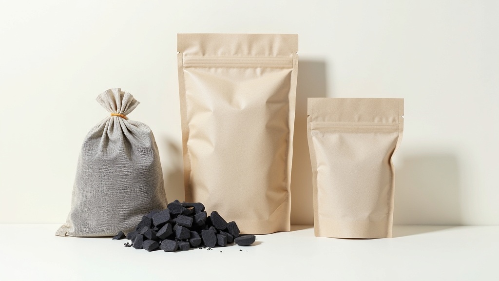 Boxes of bamboo charcoal, close-up of bags, and some unpackaged pieces displayed on a clean background